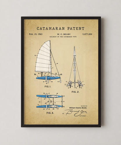 Catamaran patent print in a black frame