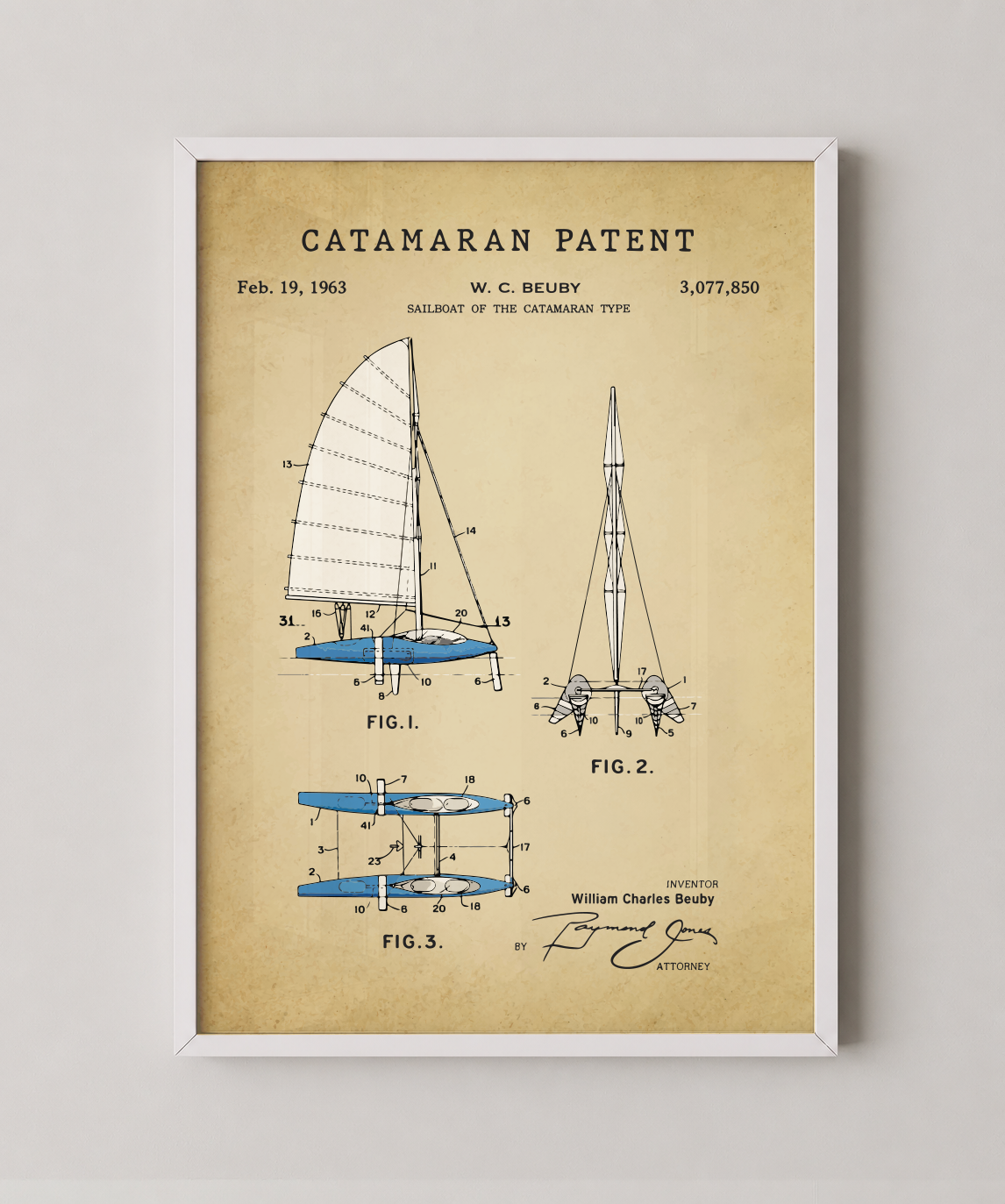 Catamaran patent print in a white frame