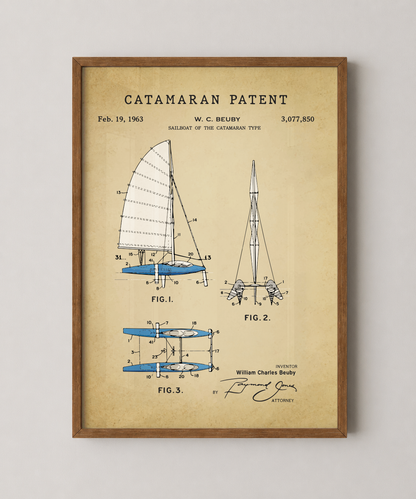 Catamaran patent print in a natural oak wood frame