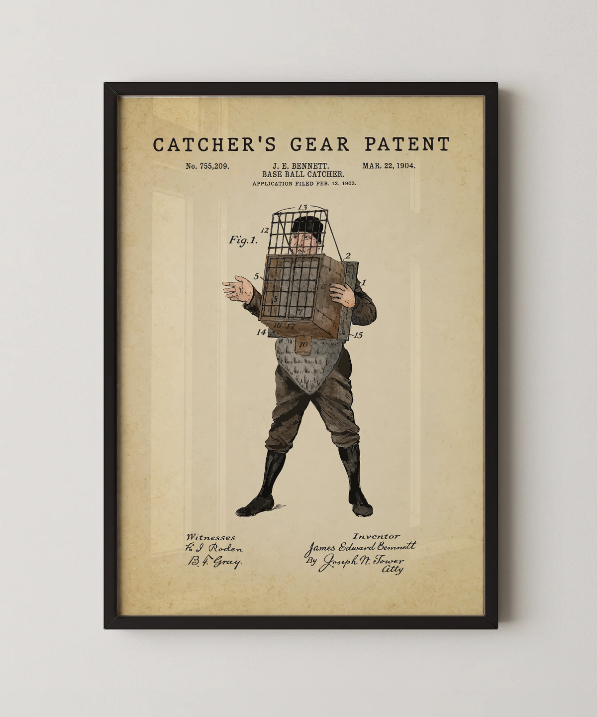 Catcher's gear patent print in a black frame