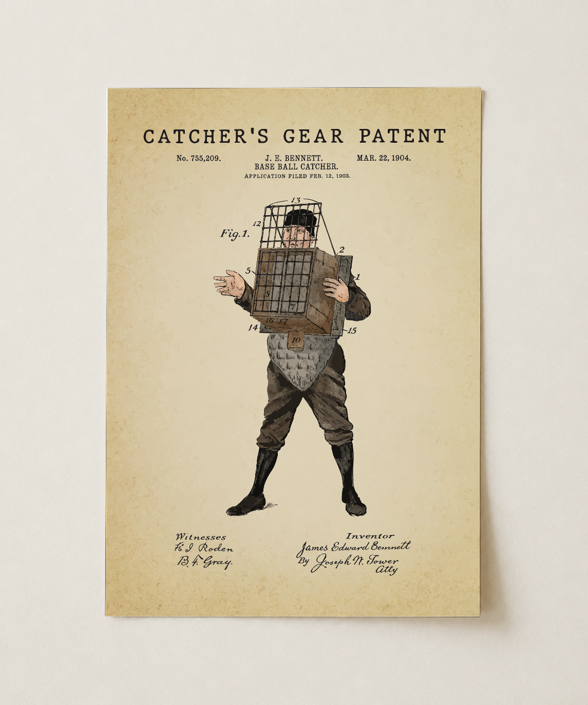 Catcher's gear patent print, unframed