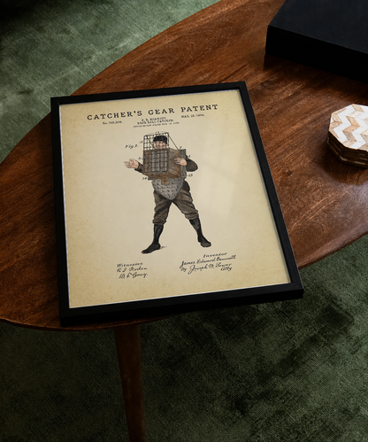 Catcher's gear patent print displayed on a tabletop
