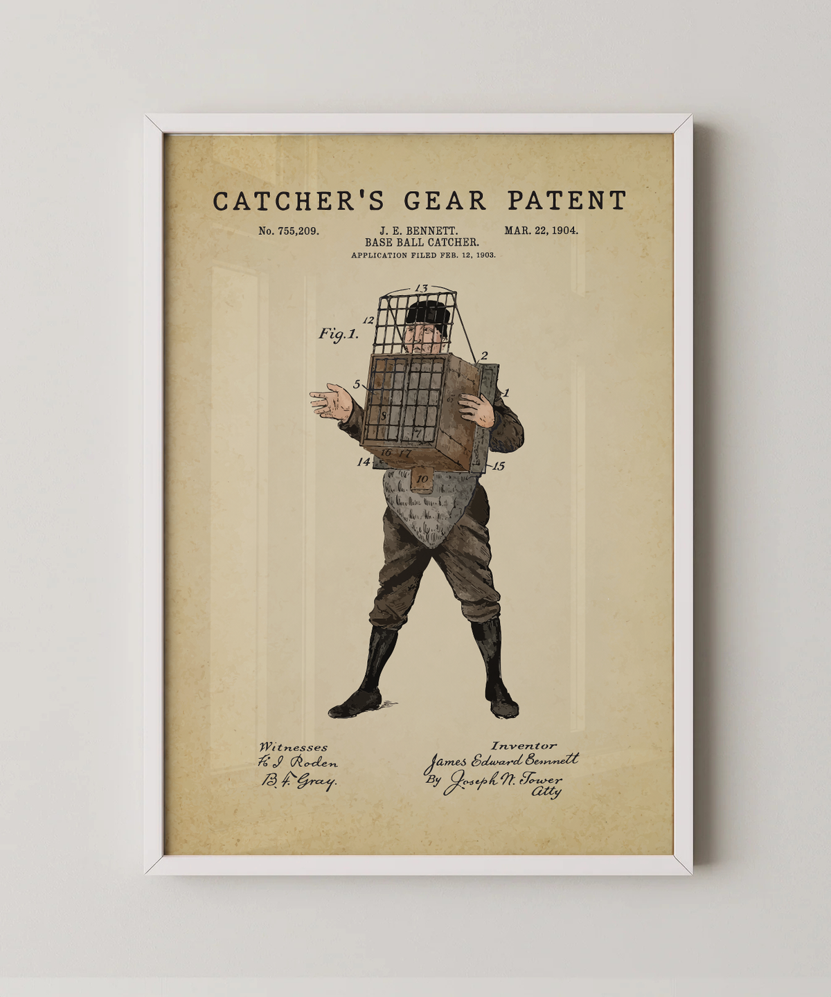 Catcher's gear patent print in a white frame