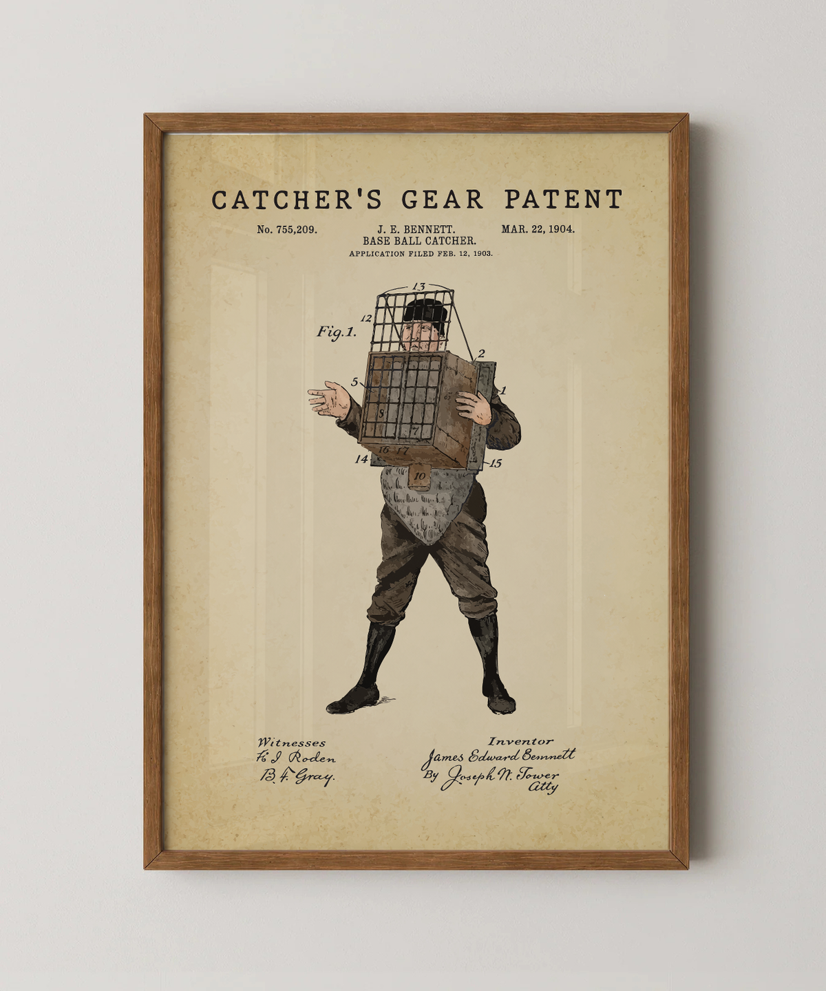Catcher's gear patent print in a natural oak wood frame