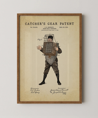 Catcher's gear patent print in a natural oak wood frame