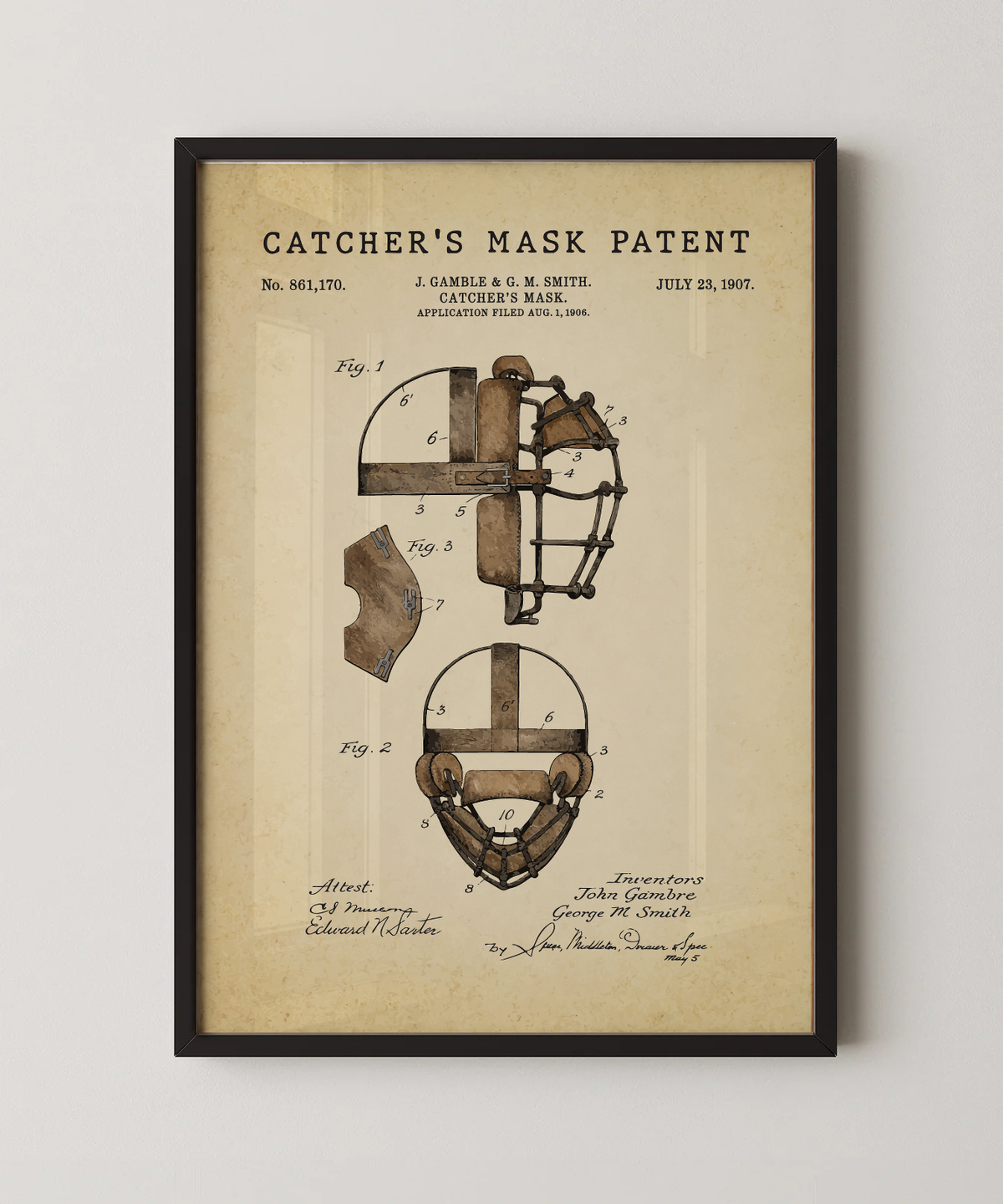 Catcher's mask patent print in a black frame