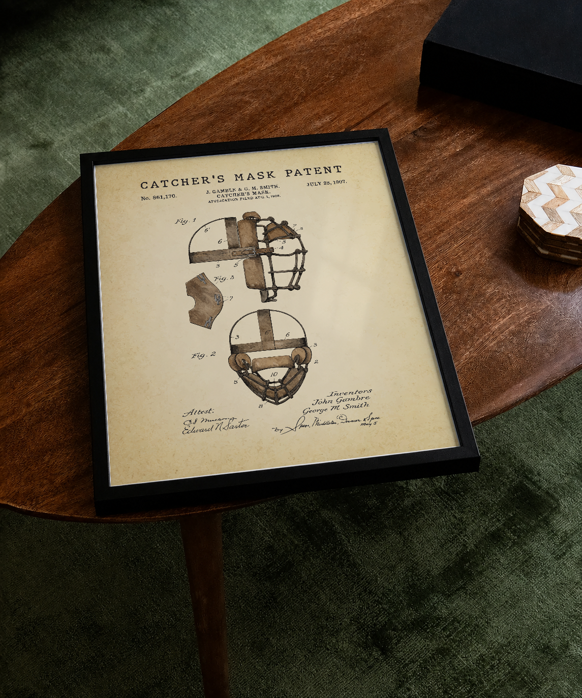 Catcher's mask patent print displayed on a tabletop