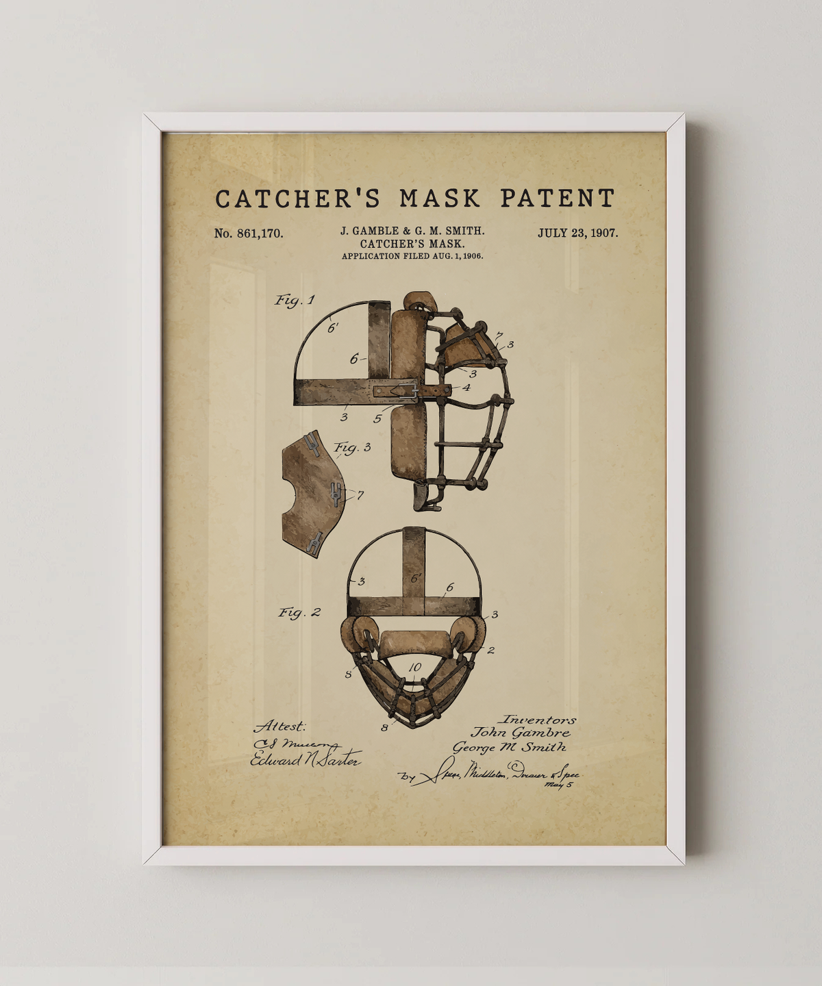 Catcher's mask patent print in a white frame