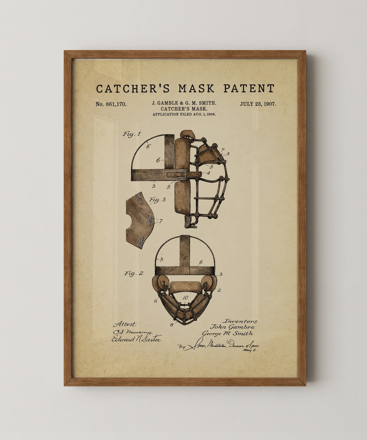 Catcher's mask patent print in a natural oak wood frame