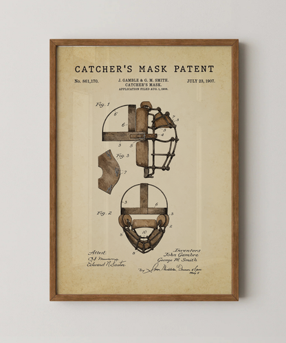 Catcher's mask patent print in a natural oak wood frame