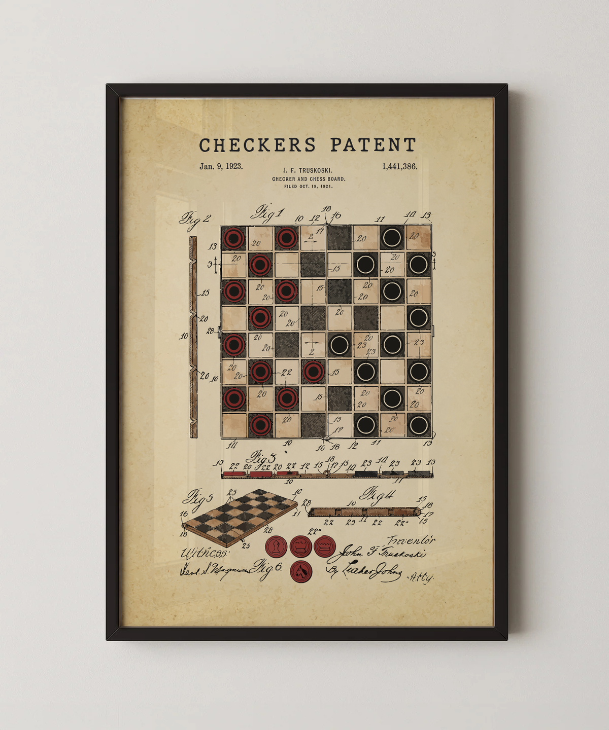 Checkers patent print in a black frame