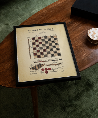 Checkers patent print displayed on a tabletop