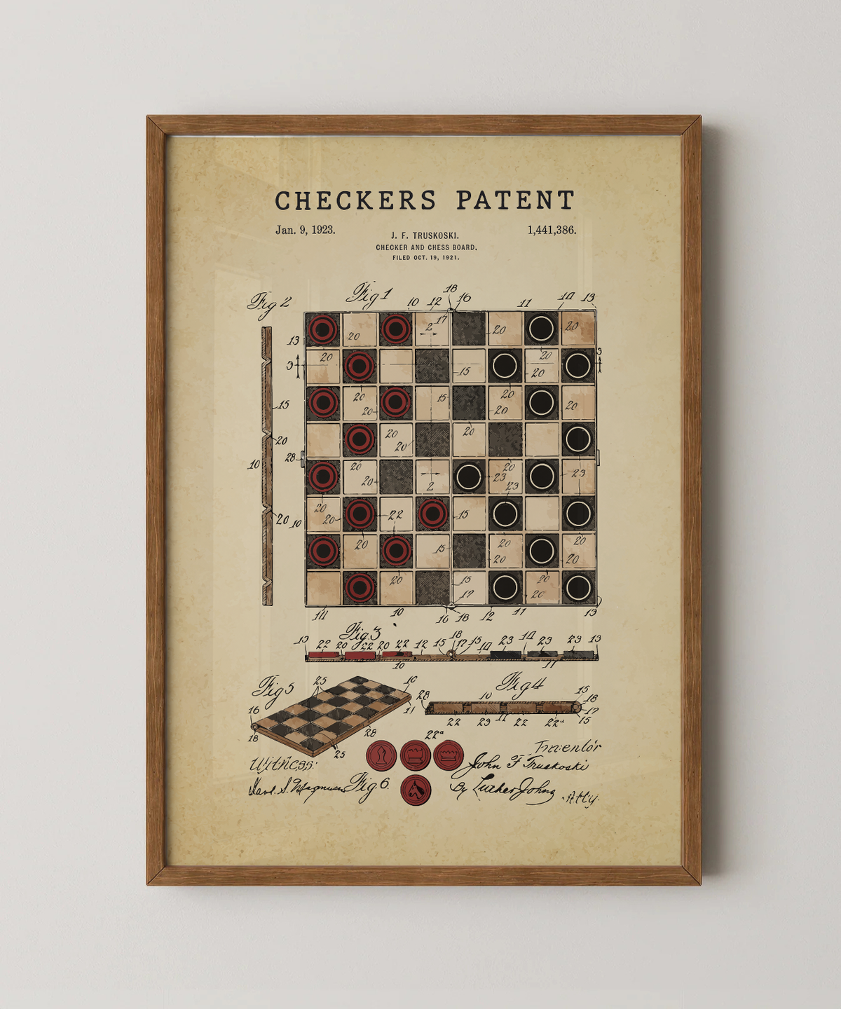 Checkers patent print in a natural oak wood frame