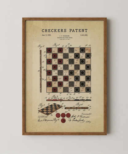 Checkers patent print in a natural oak wood frame
