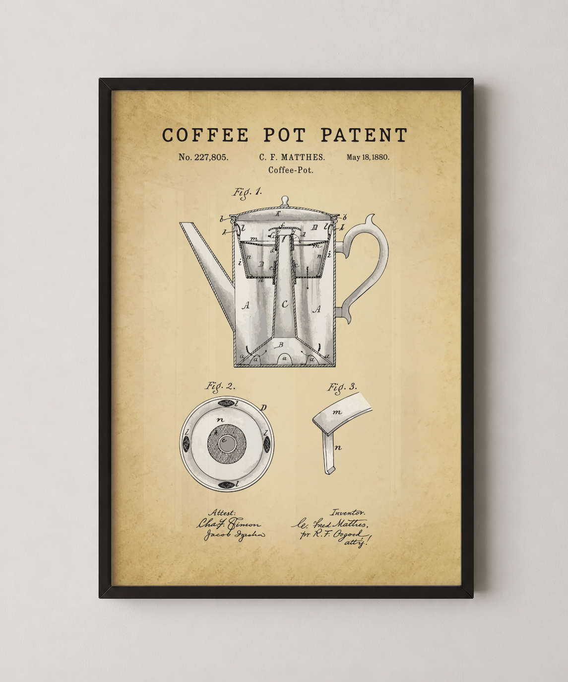 Coffee pot patent print in a black frame
