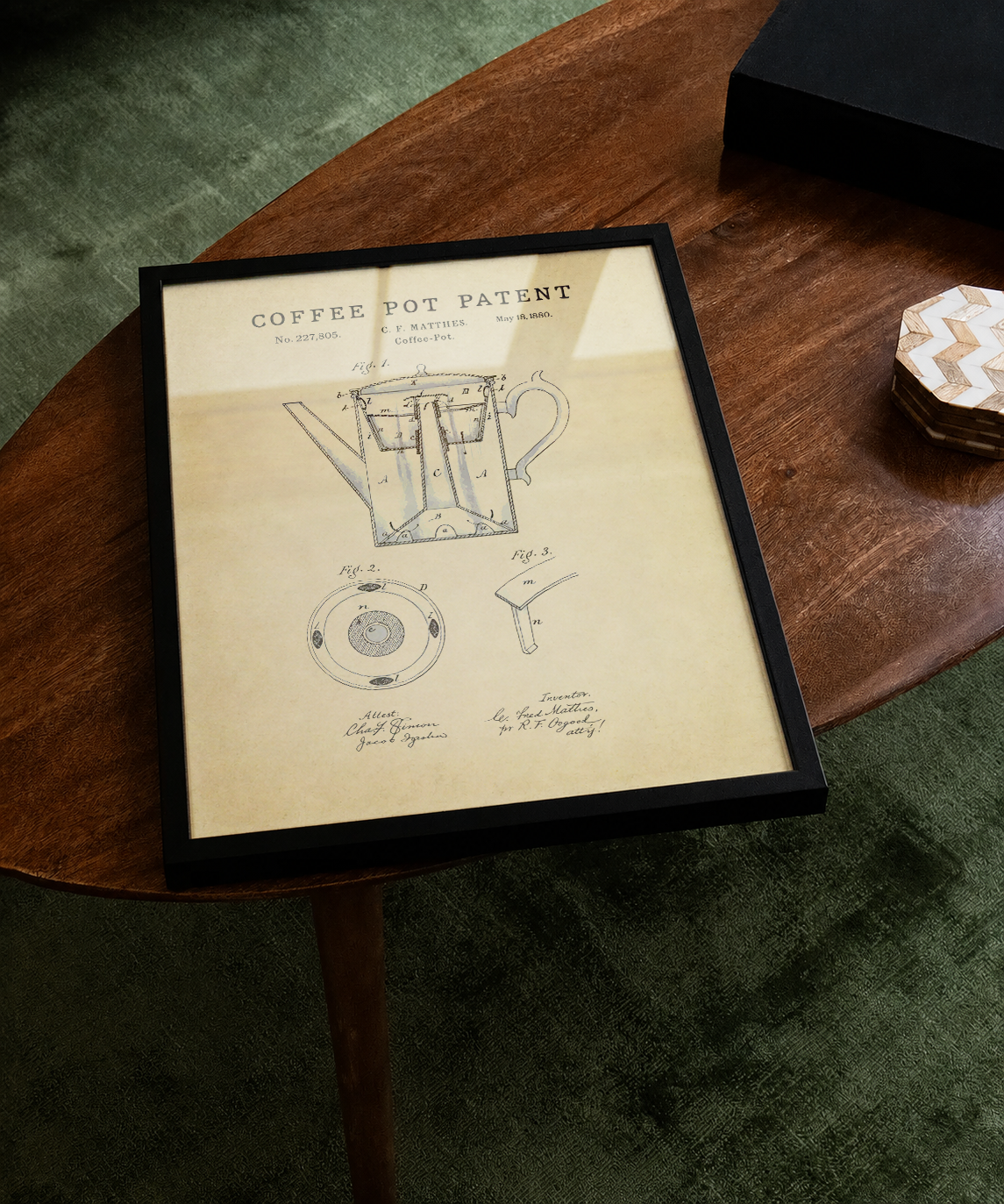 Coffee pot patent print displayed on a tabletop