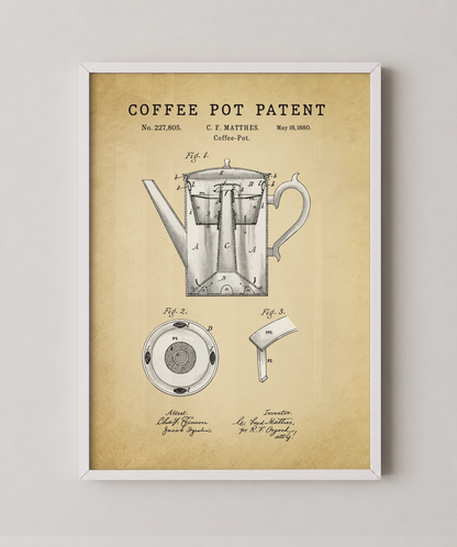 Coffee pot patent print in a white frame