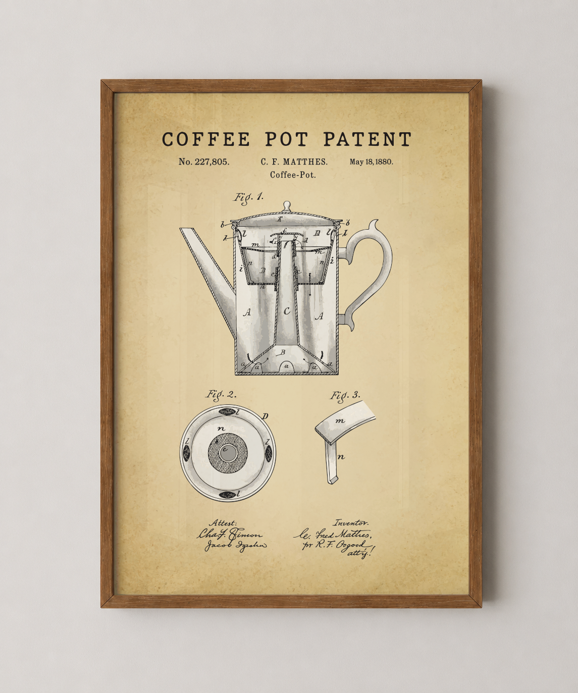 Coffee pot patent print in a natural oak wood frame
