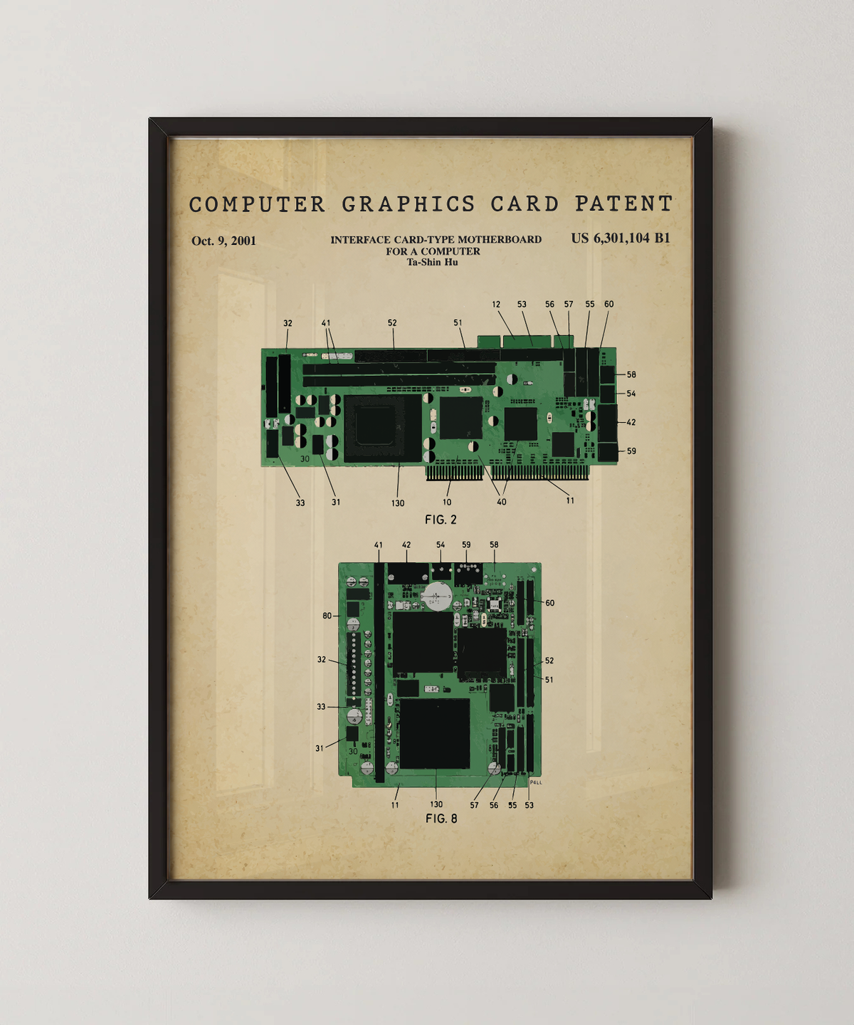 Computer graphics card patent print in a black frame