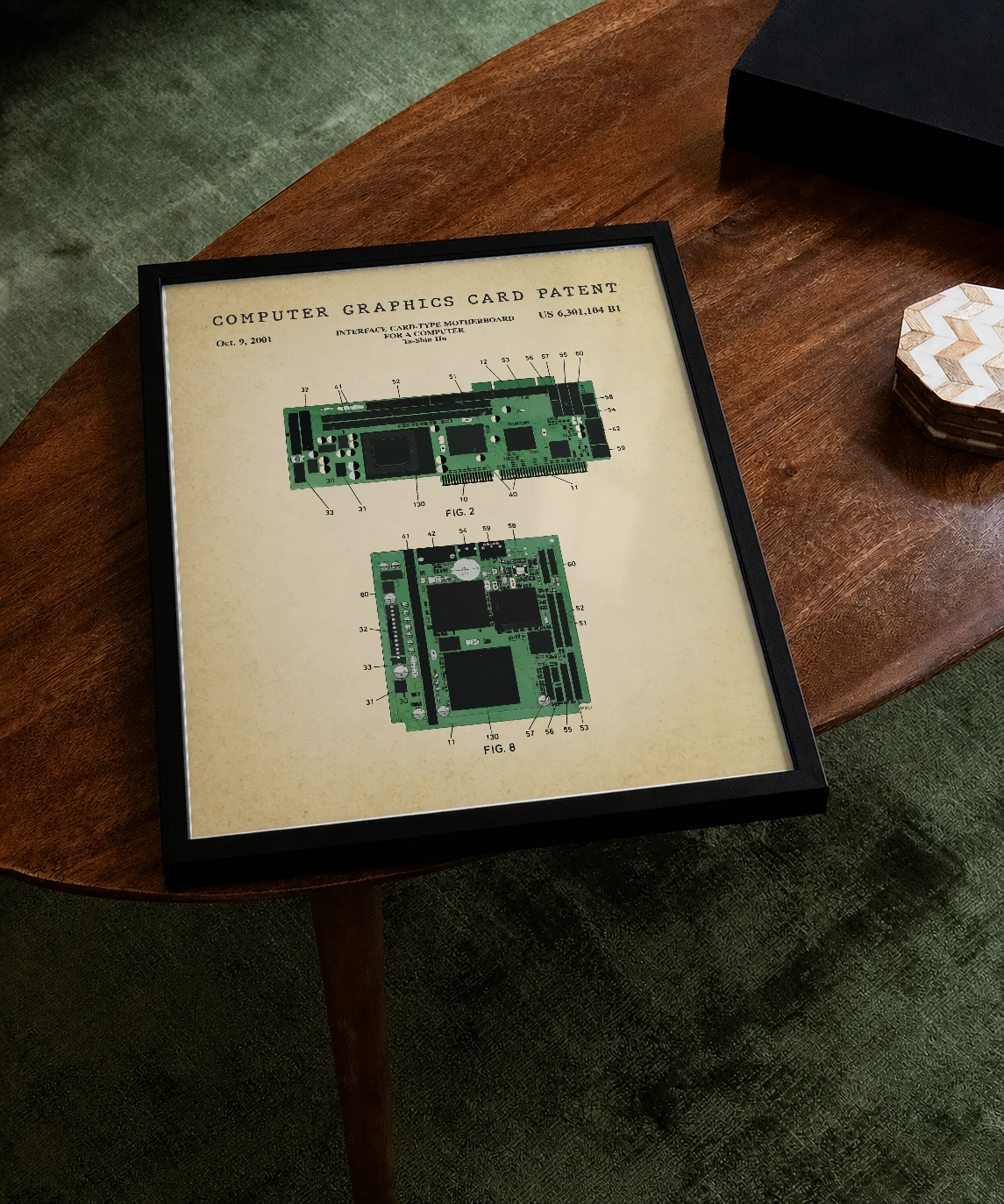 Computer graphics card patent print displayed on a tabletop