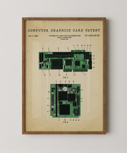 Computer graphics card patent print in a natural oak wood frame