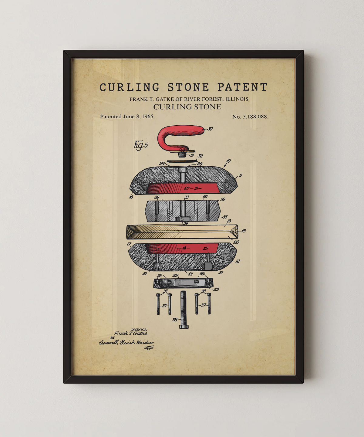 Curling stone patent print in a black frame