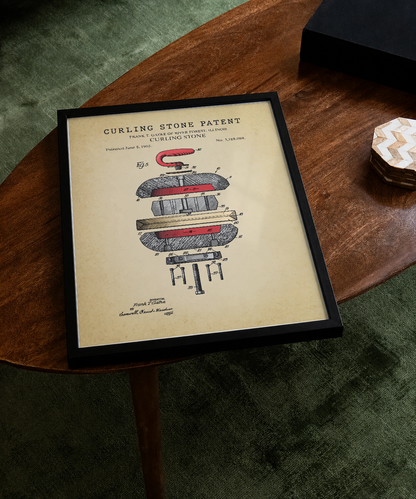 Curling stone patent print displayed on a tabletop