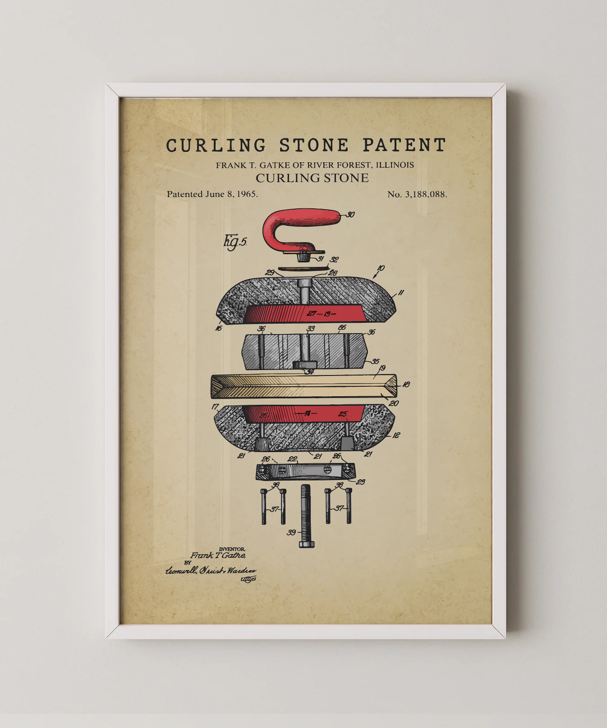 Curling stone patent print in a white frame