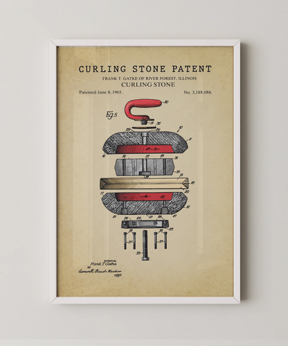 Curling stone patent print in a white frame
