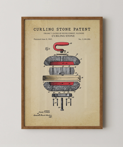 Curling stone patent print in a natural oak wood frame