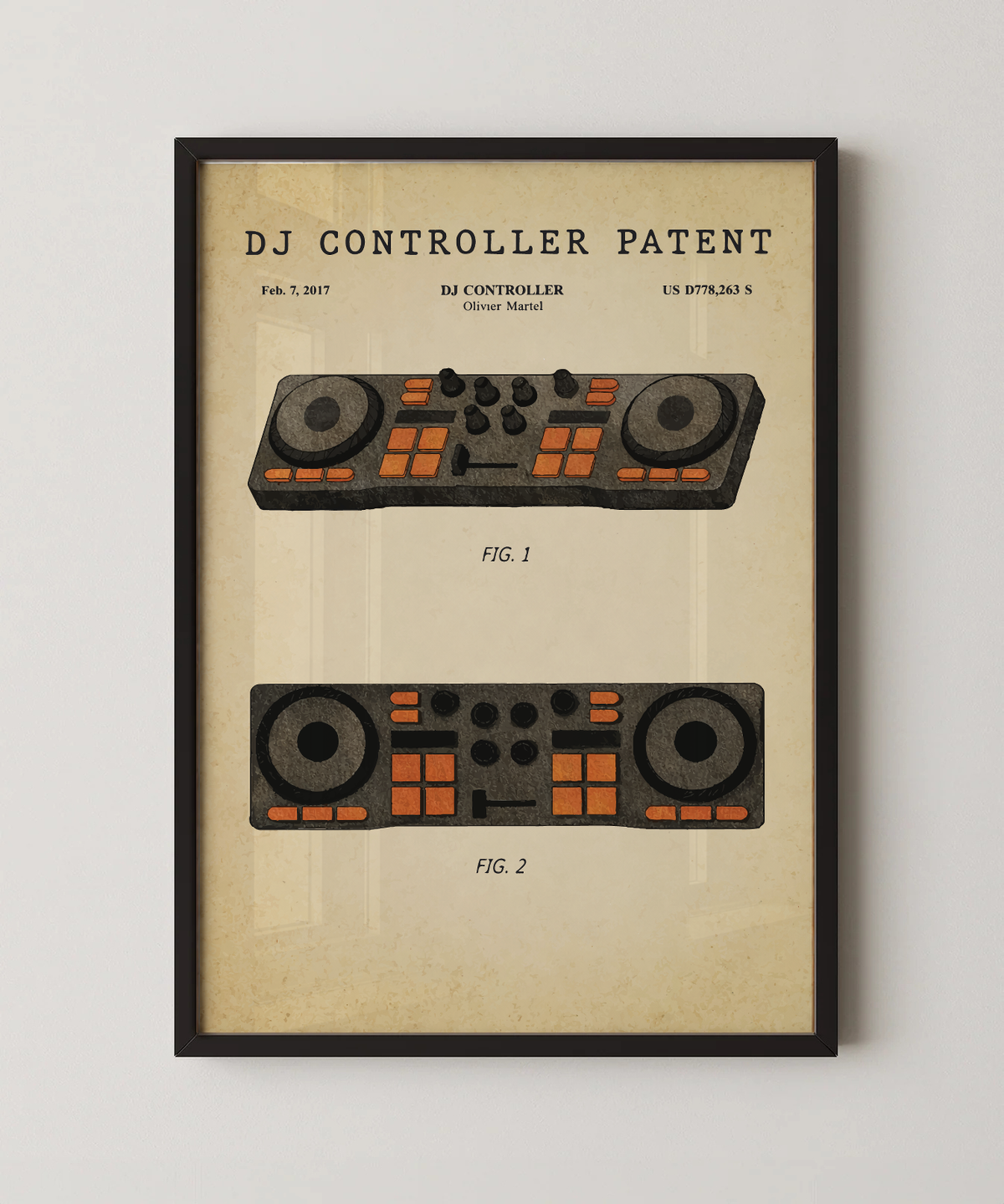 DJ controller patent print in a black frame