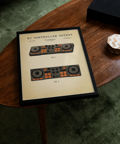DJ controller patent print displayed on a tabletop