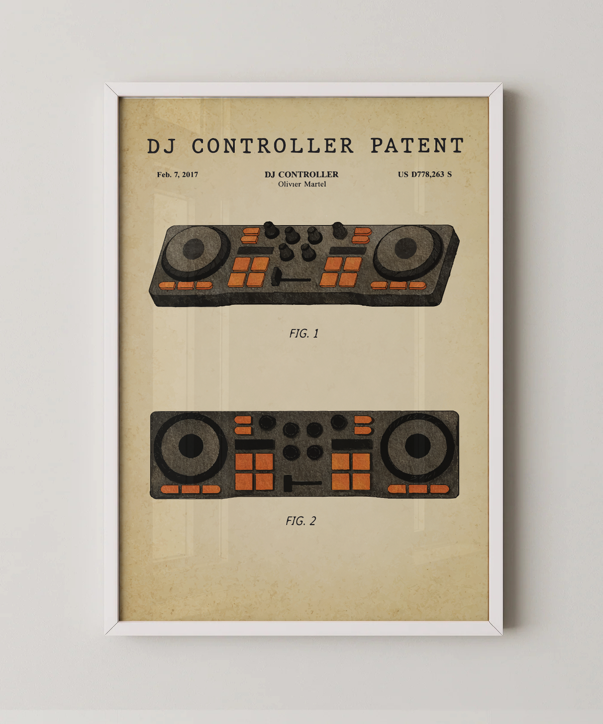DJ controller patent print in a white frame