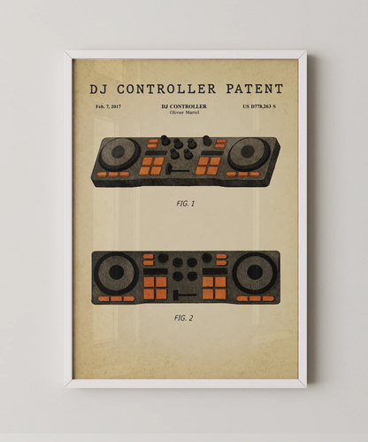 DJ controller patent print in a white frame