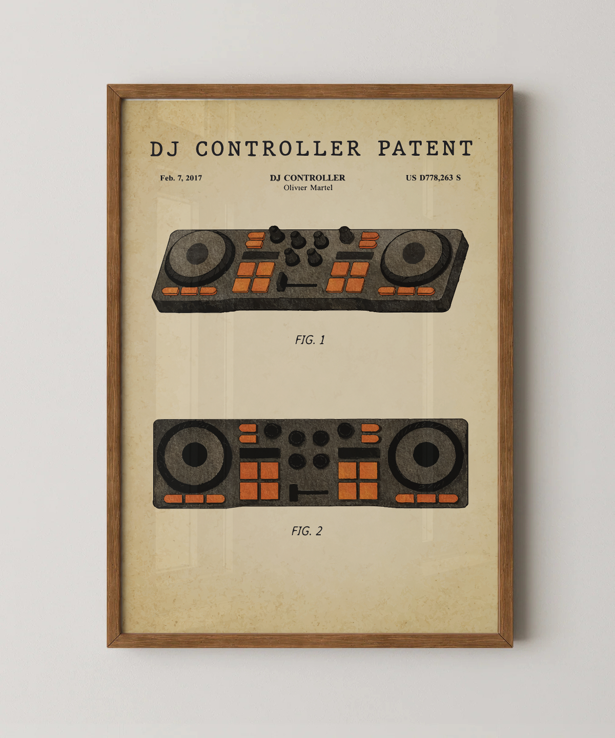 DJ controller patent print in a natural oak wood frame