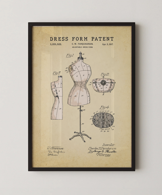 Dress form patent print in a black frame
