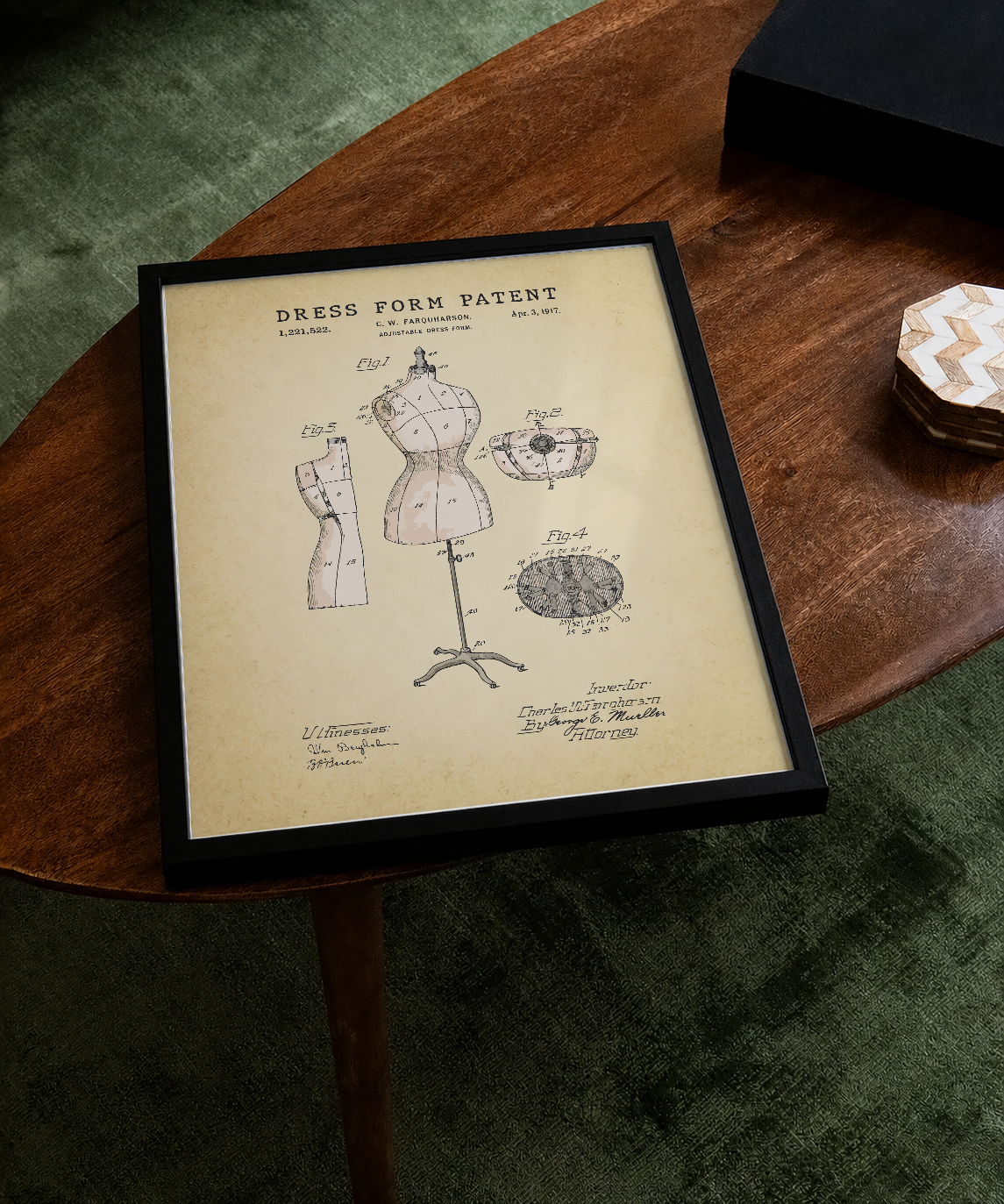 Dress form patent print displayed on a tabletop