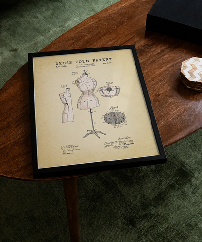 Dress form patent print displayed on a tabletop