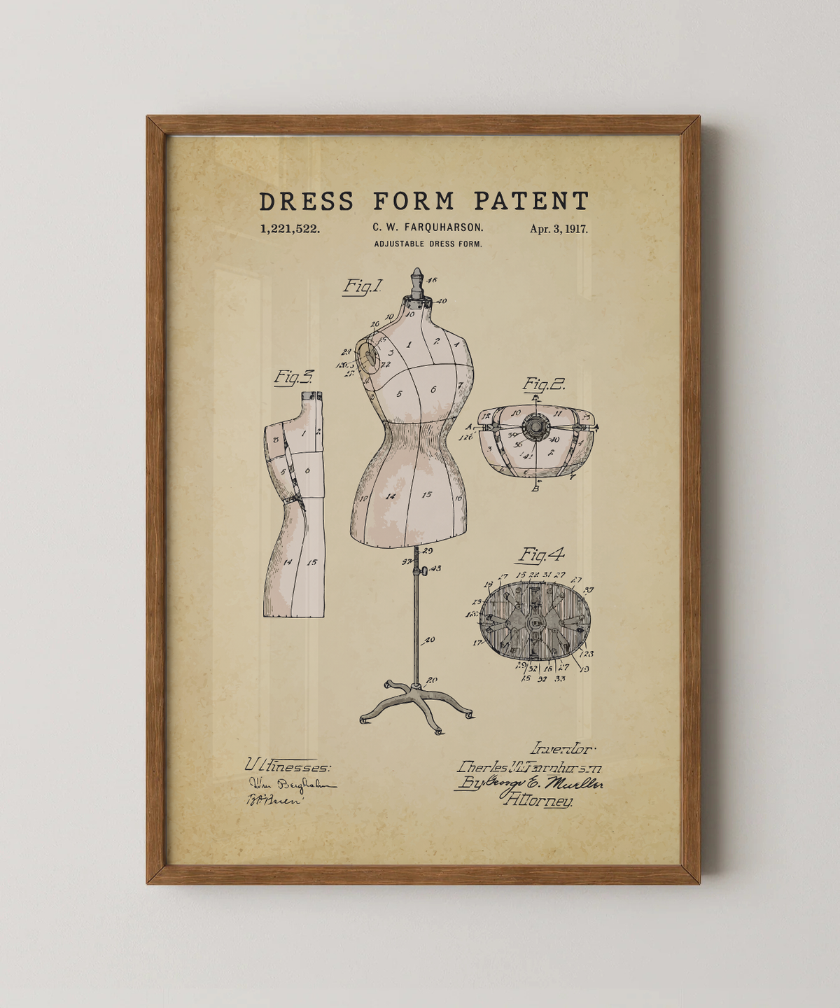 Dress form patent print in a natural oak wood frame