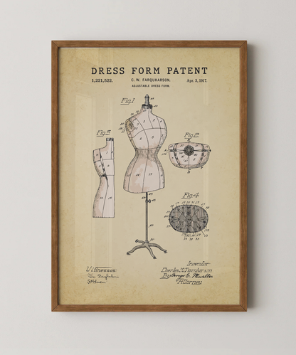 Dress form patent print in a natural oak wood frame