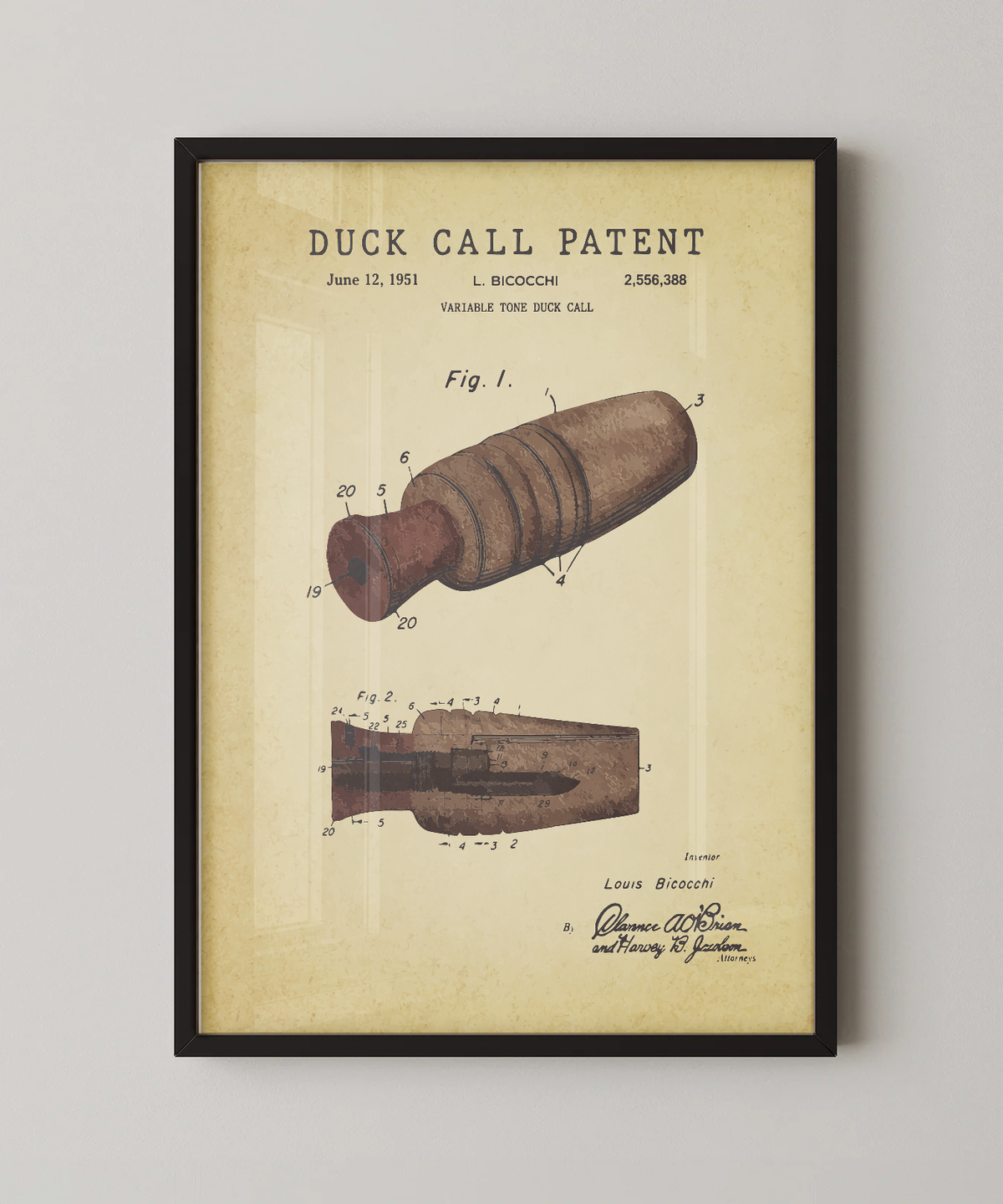 Duck call patent print in a black frame