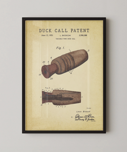 Duck call patent print in a black frame