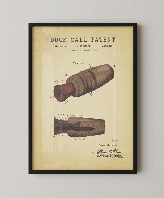 Duck call patent print in a black frame