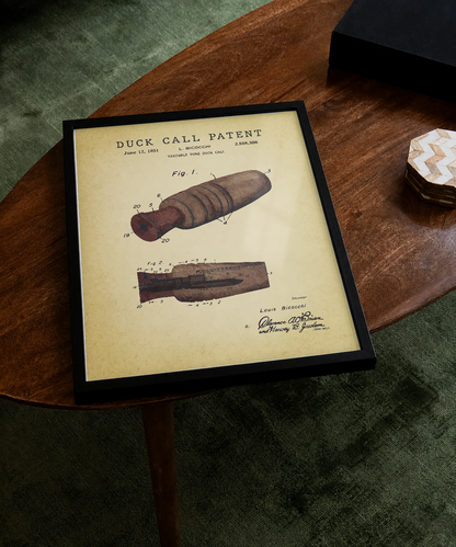 Duck call patent print displayed on a tabletop