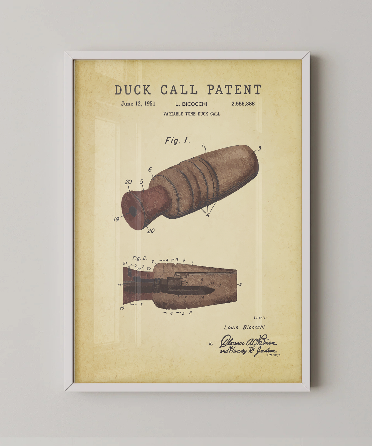 Duck call patent print in a white frame