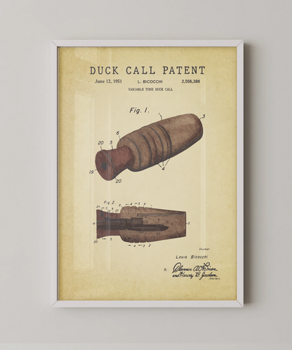 Duck call patent print in a white frame