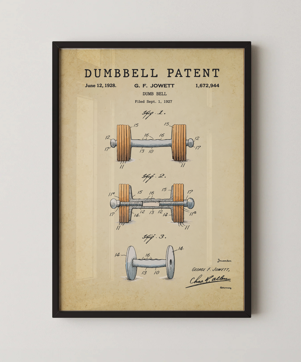 Dumbbell patent print in a black frame