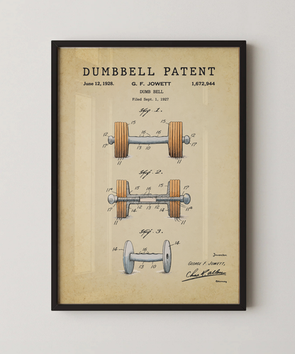 Dumbbell patent print in a black frame