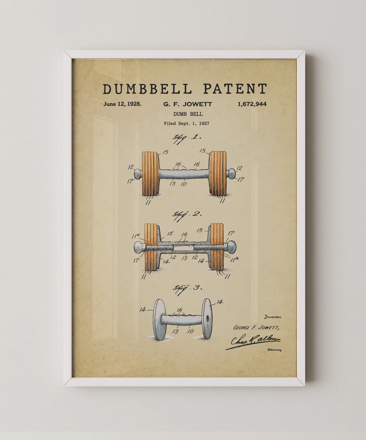 Dumbbell patent print in a white frame