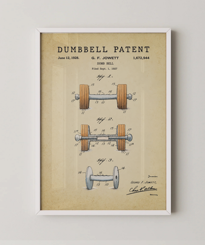 Dumbbell patent print in a white frame